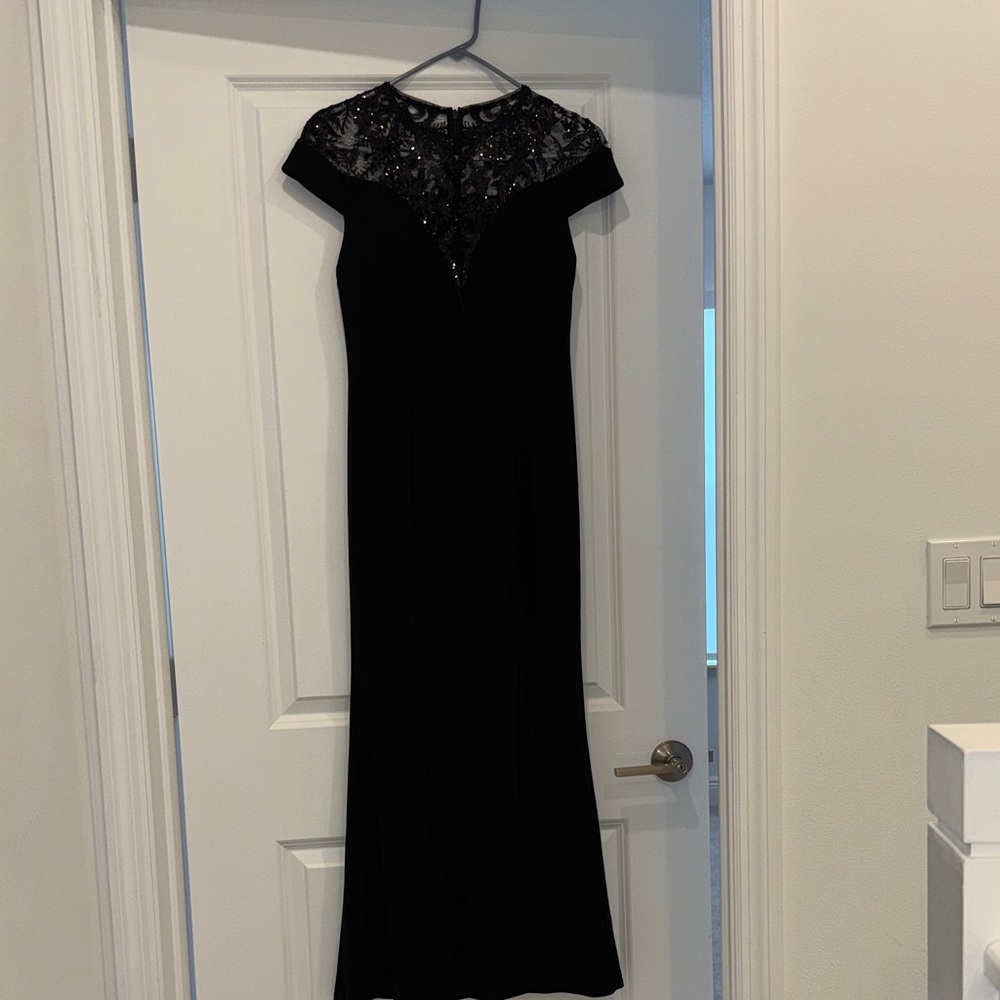 Adrianna Papell Black Gown with Mesh Illusion Neck